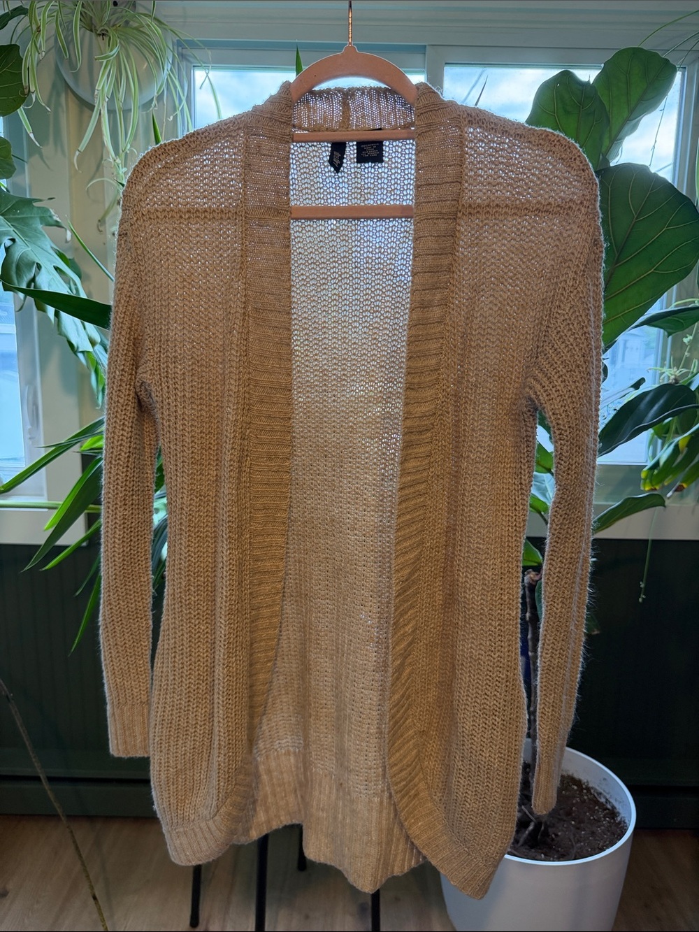 Light Tan Open-Front Knit Cardigan Sweater